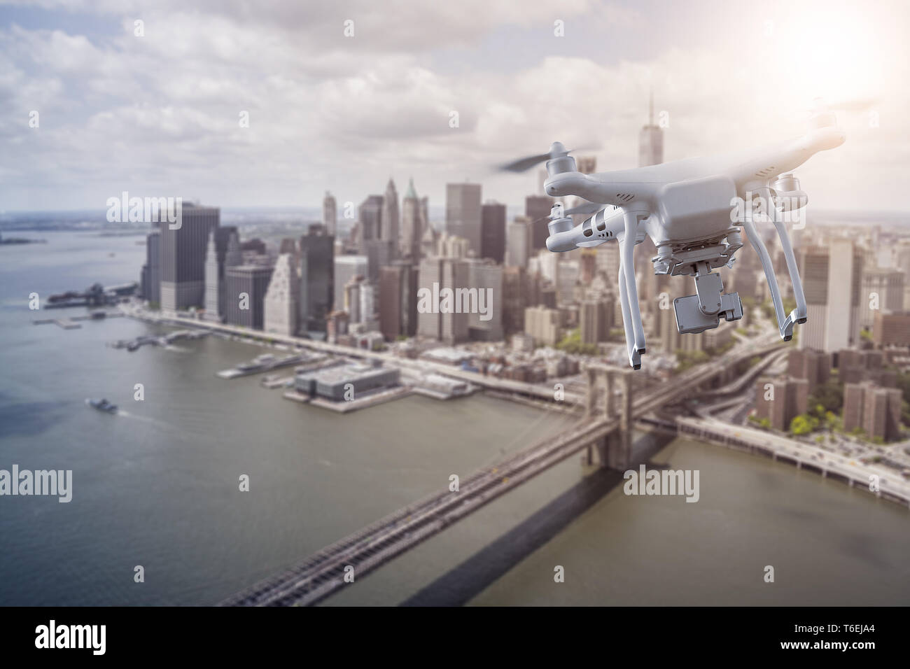 Multicopter flying over New York City Stock Photo