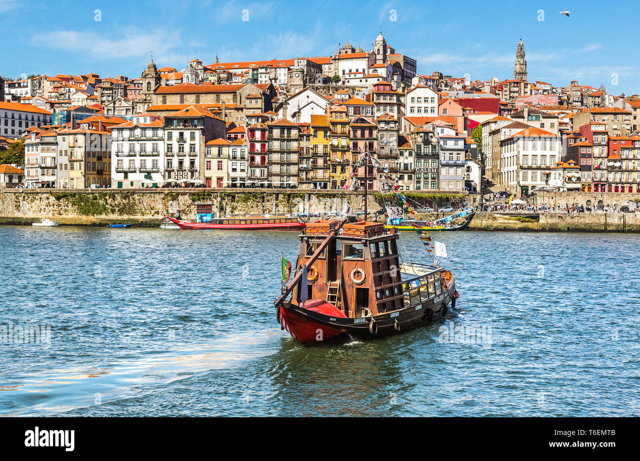 Boat on the background of the ancient city of Porto Stock Photo