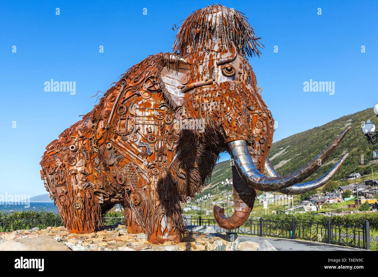 Mammoth monument from metal in Magadan Stock Photo