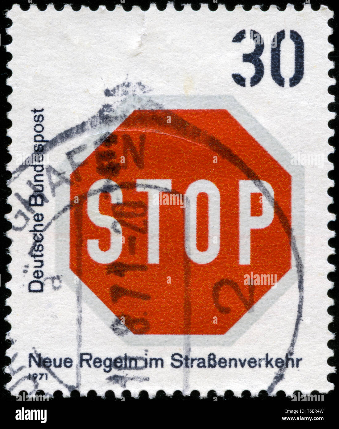 Postage stamp from the Federal Republic of Germany in the New Road Traffic Regulations (1st series) series issued in 1971 Stock Photo