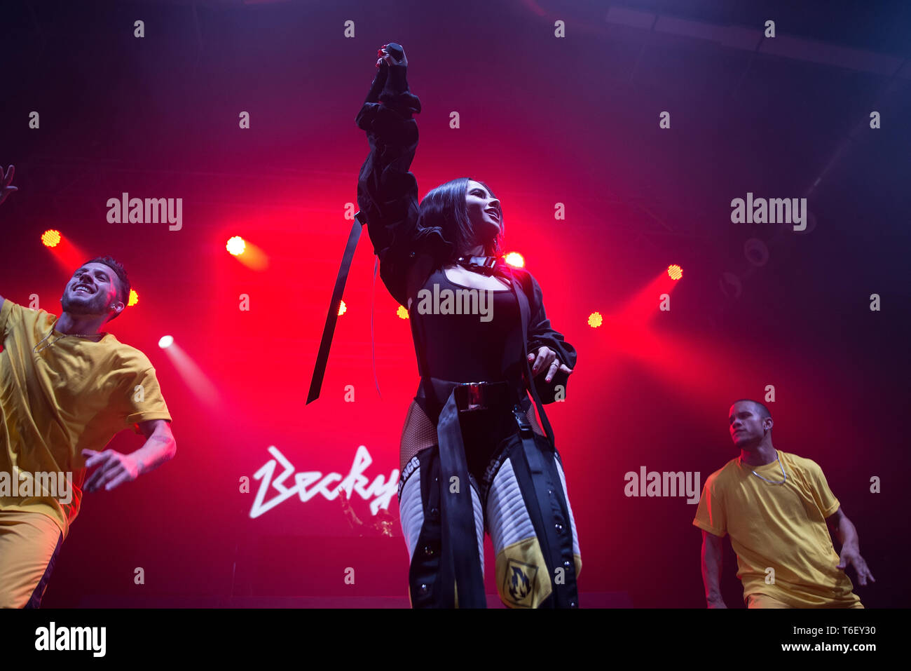 BARCELONA - OCT 7: Becky G (latino pop and reggaeton band) perform in concert at Razzmatazz stage on October 7, 2018 in Barcelona, Spain. Stock Photo