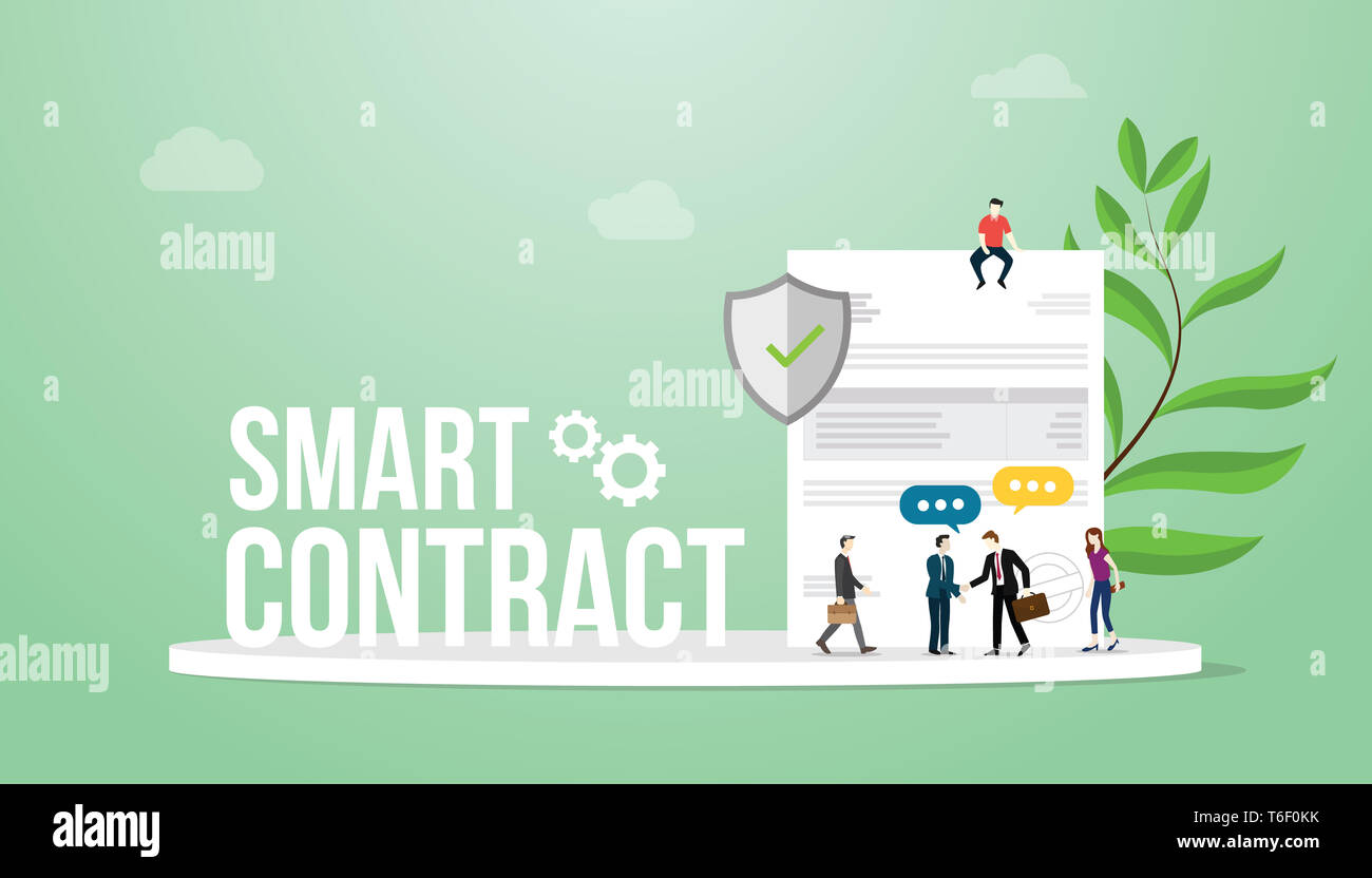 smart contract concept with big words team people and paper document ...