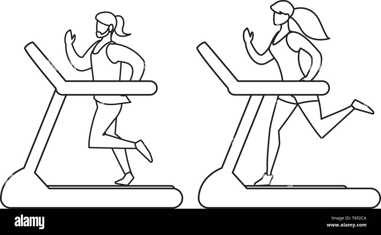 athletics couple running in electric treadmill tape vector illustration
