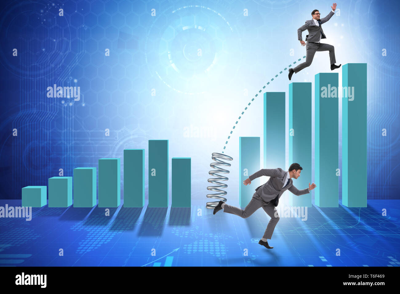Business people jumping over bar charts Stock Photo - Alamy