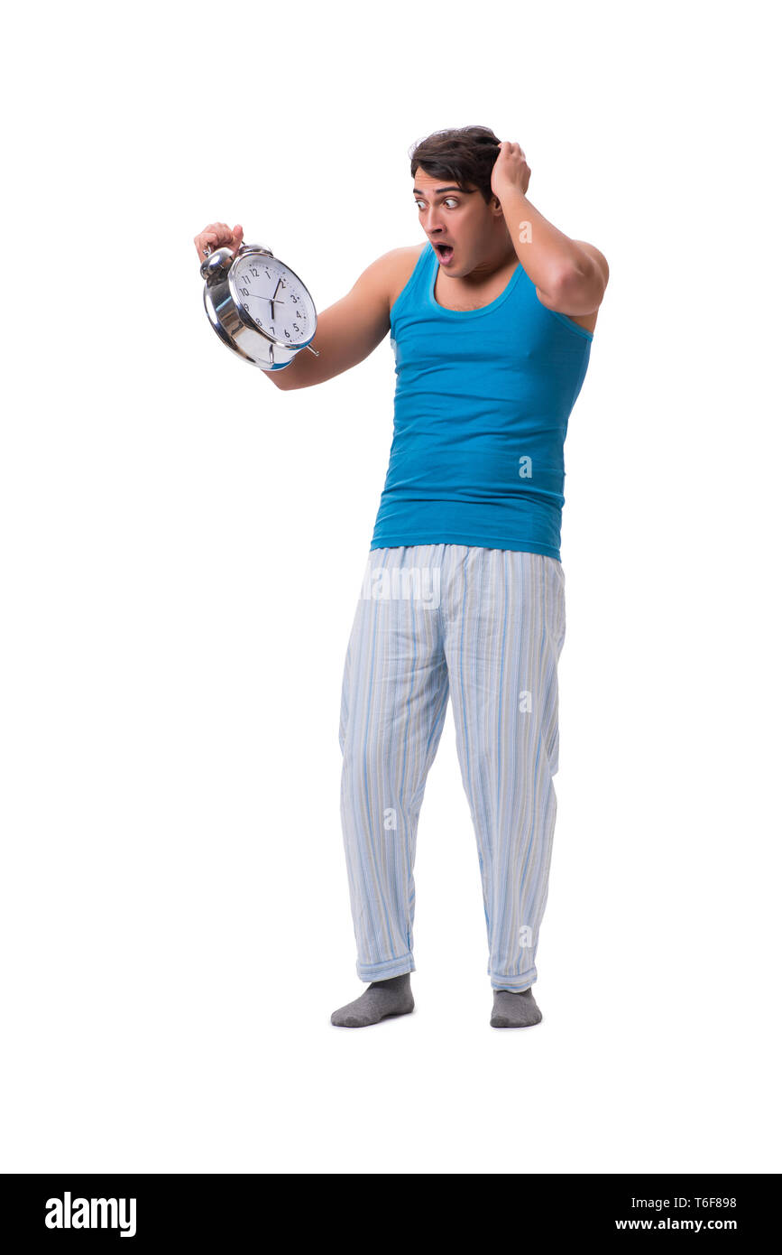 Man waking up with alarm clock isolated on white Stock Photo