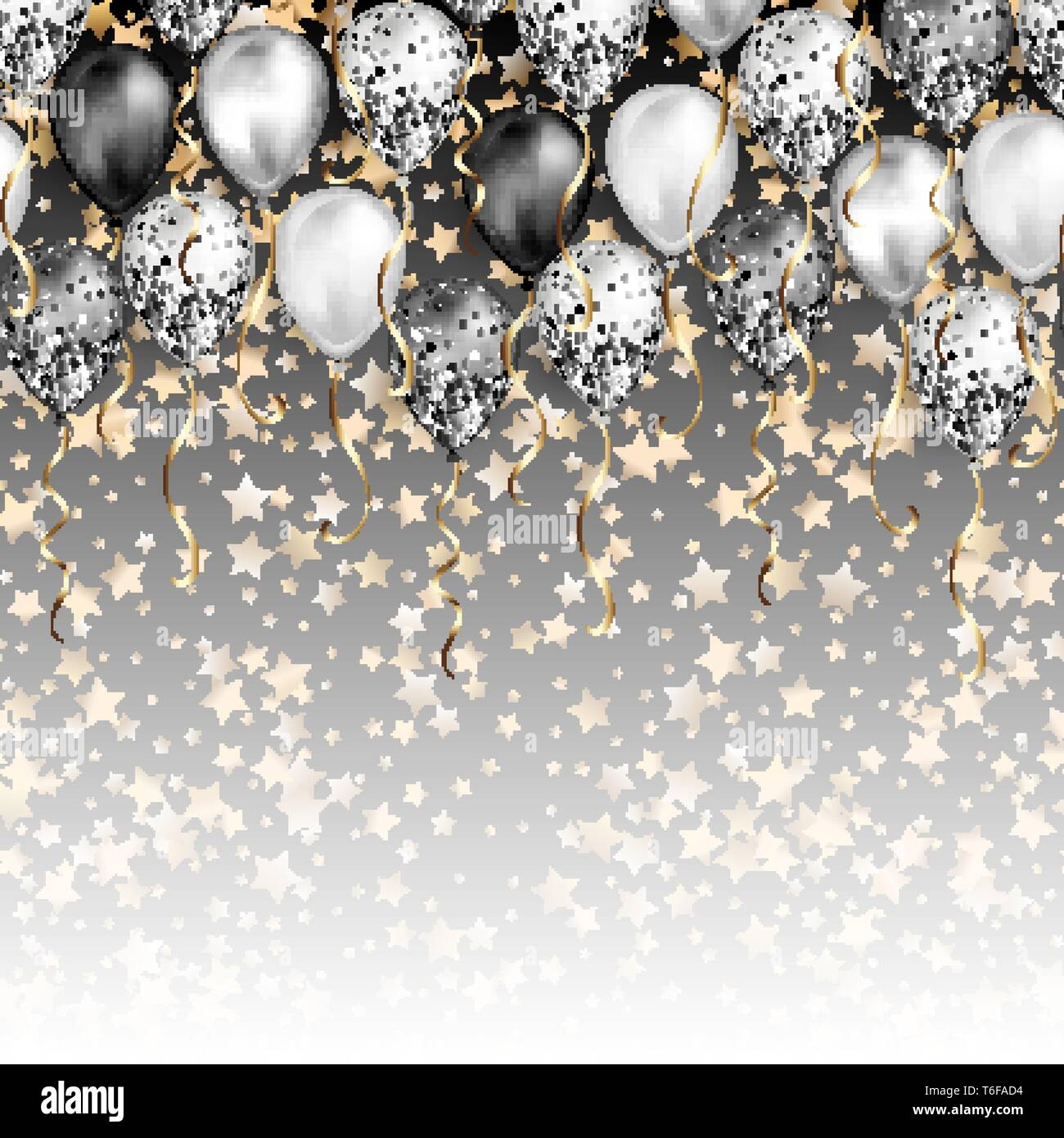 Background With Stars Confetti And Black And White Balloons As Top Border Shiny Glossy Realistic Ballon With Glitter And Gold Ribbon Vector Decorati Stock Vector Image Art Alamy