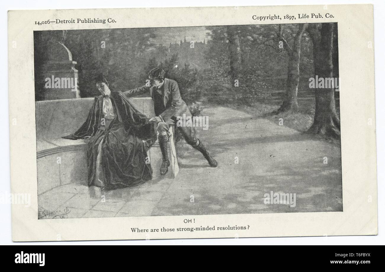 Detroit Publishing Company vintage postcard reproduction of the man courting the woman, Life cartoon, Detroit, Michigan, 1897. From the New York Public Library. () Stock Photo