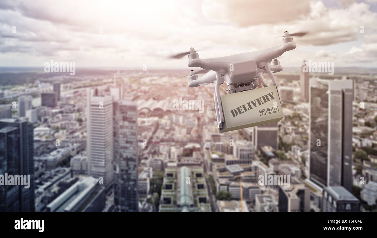multicopter drone with package over Frankfurt am Main Stock Photo