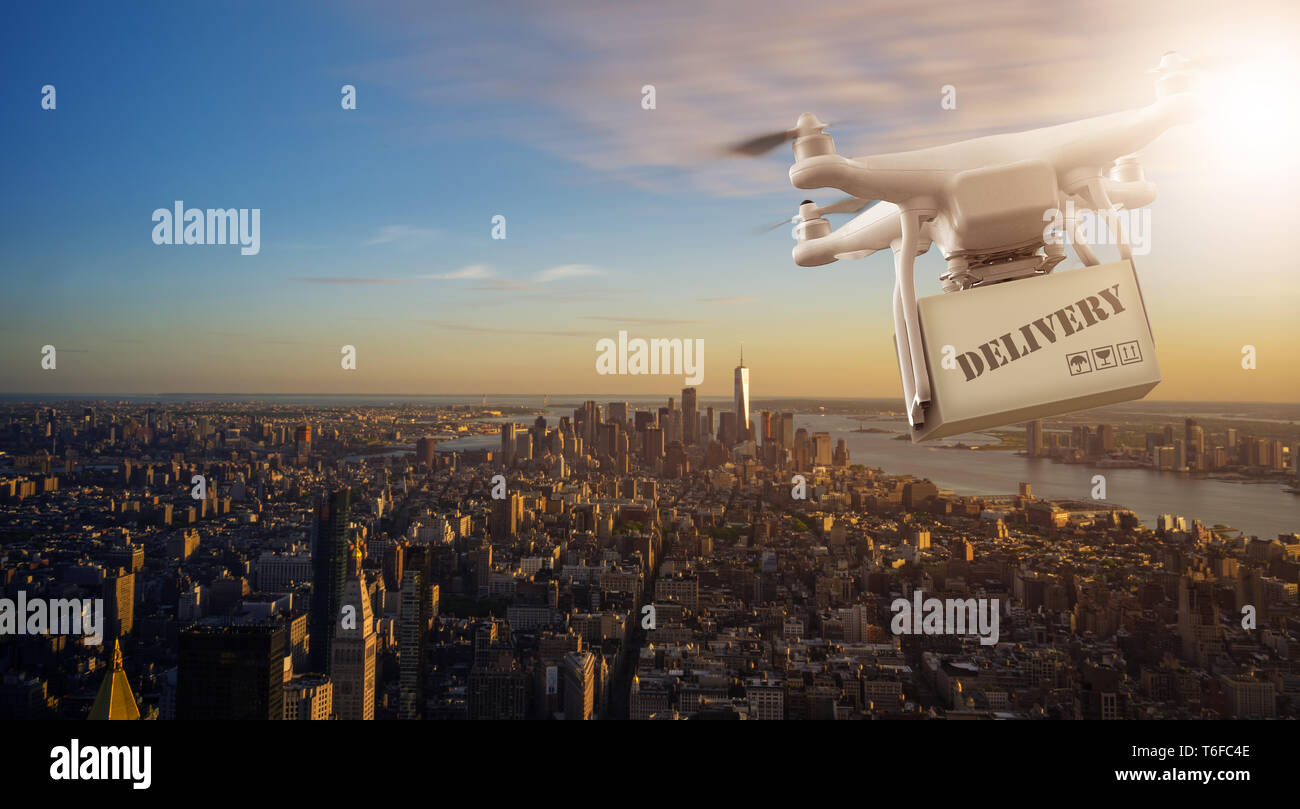 Drone flying with package over Manhattan Stock Photo