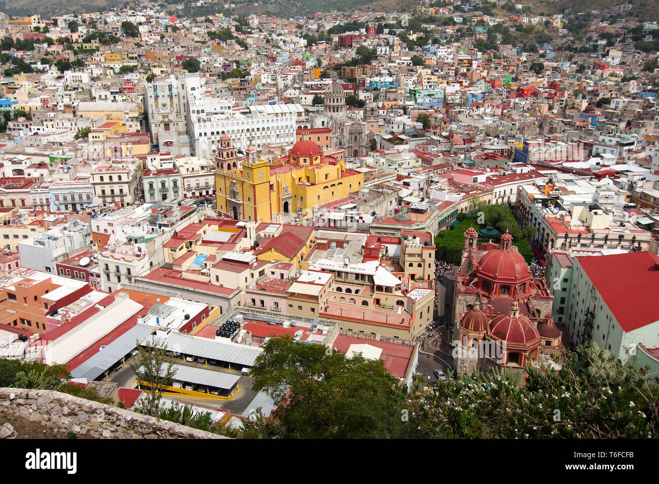 Aerial view of Guanajuato City historic center, including the Basilica and University of Guanajuato. Guanajuato State, Mexico. Stock Photo