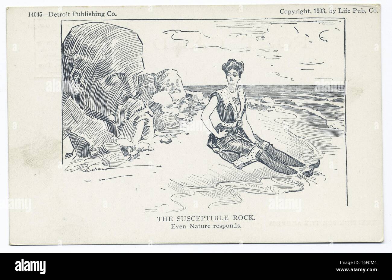 Detroit Publishing Company vintage postcard reproduction of the 'The Susceptible Rock', Life Cartoons, the woman sitting on the beach, 1903. From the New York Public Library. () Stock Photo