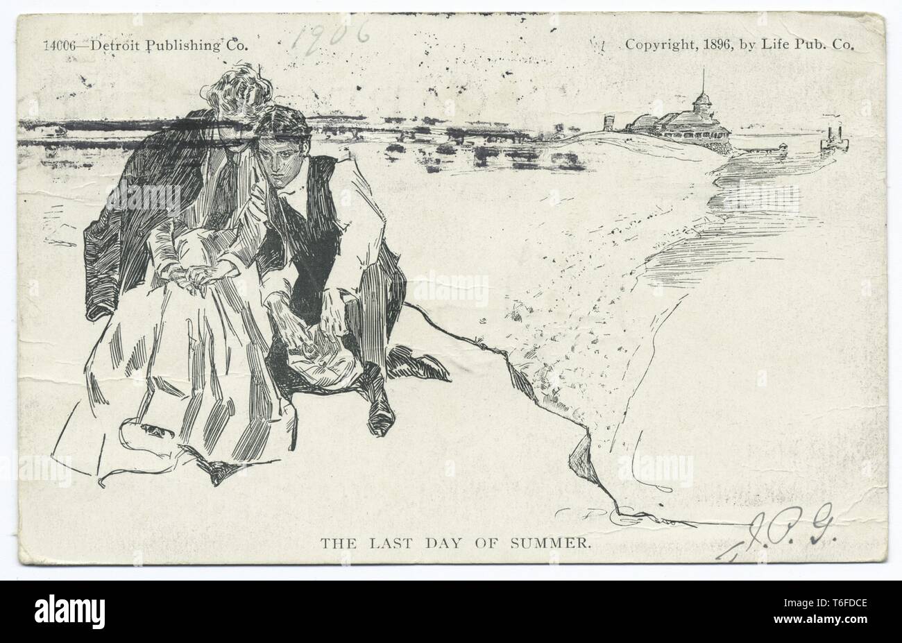 Detroit Publishing Company vintage postcard reproduction of 'The Last Day of Summer', Life Cartoons, just married couple posing for a photo, 1896. From the New York Public Library. () Stock Photo