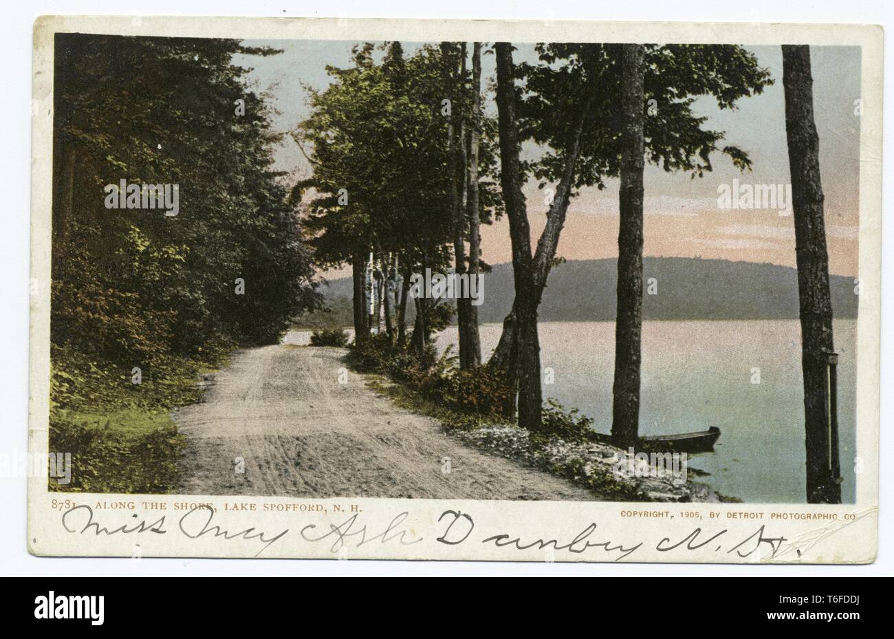 Detroit Publishing Company vintage postcard reproduction of the Lake Spofford shoreline in Chesterfield, New Hampshire, 1914. From the New York Public Library. () Stock Photo