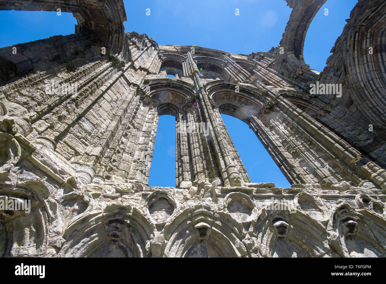 Dramatic view of whitby abbey walls in bright sunlight Stock Photo