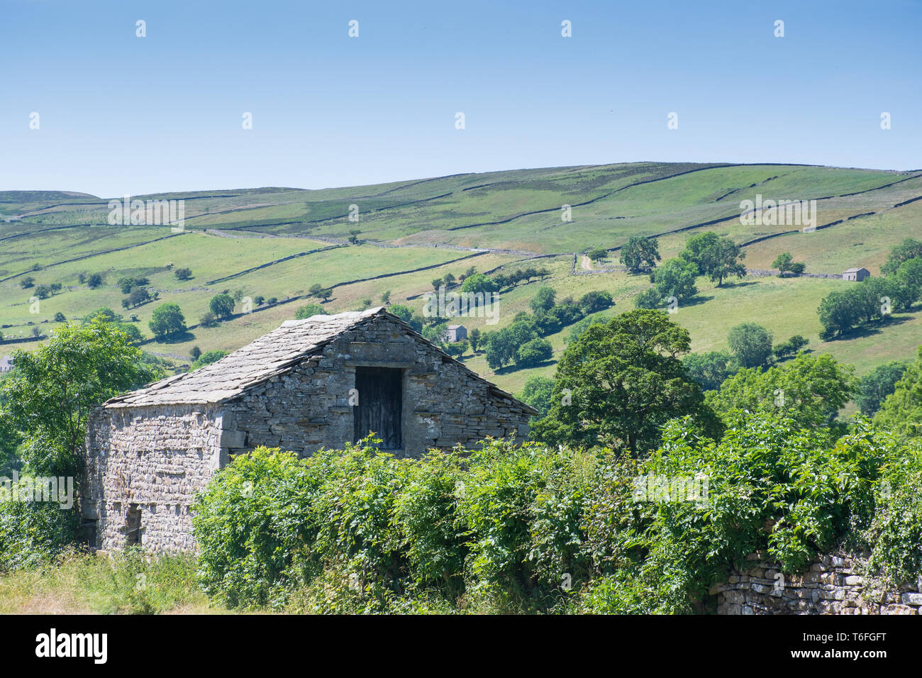 Yorkshire Dales with stone farm building in foreground Stock Photo