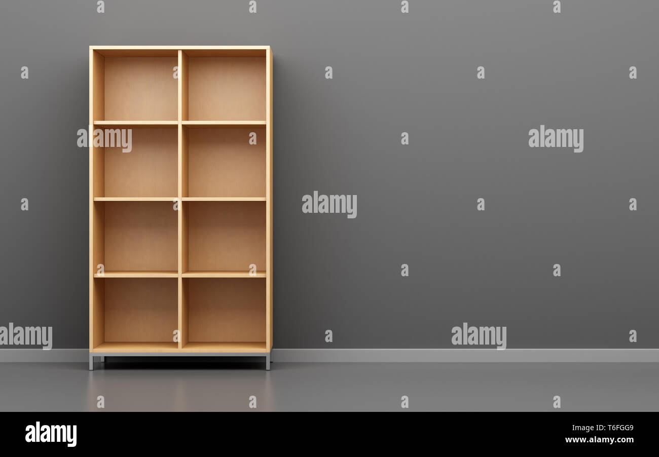 wooden office cabinet shelf in front of gray wall Stock Photo