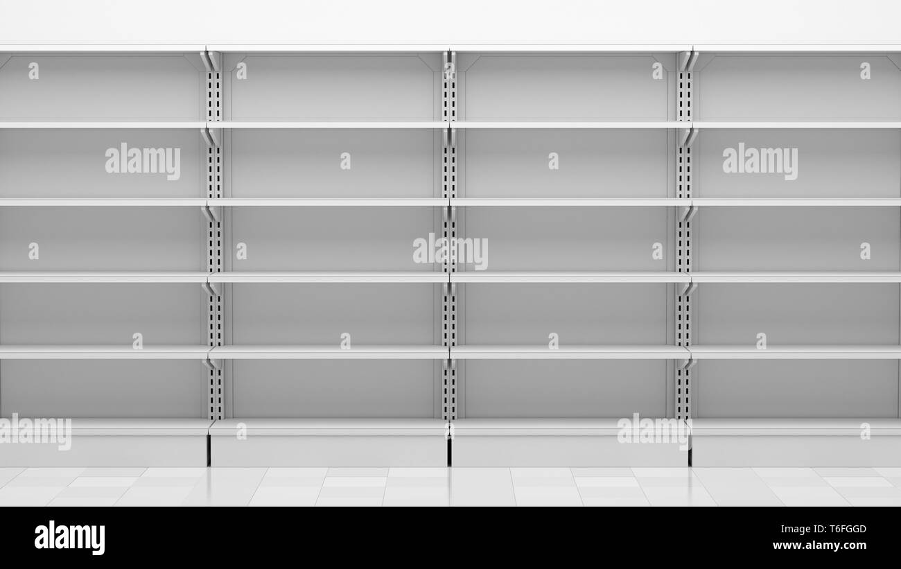 empty supermarket shelves in front of white wall Stock Photo