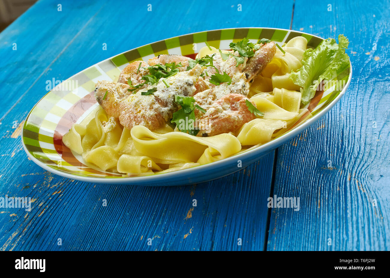 Crispy Cajun Shrimp Fettuccine Stock Photo