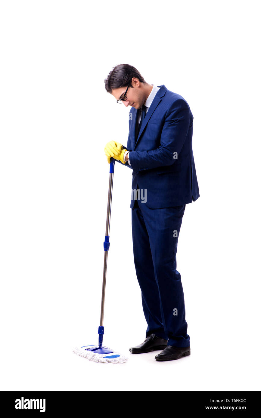 Handsome businessman with the mop isolated on white background Stock ...