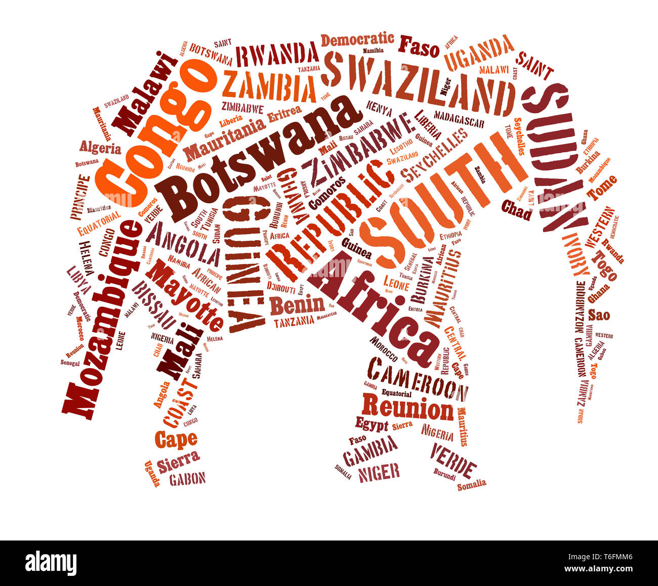 African words cloud in elephant shape. Stock Photo