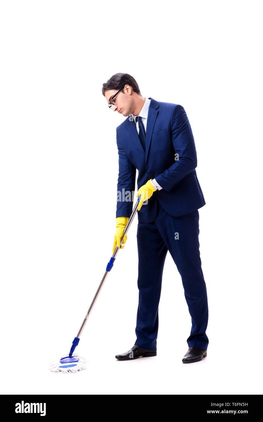 Handsome businessman with the mop isolated on white background Stock ...