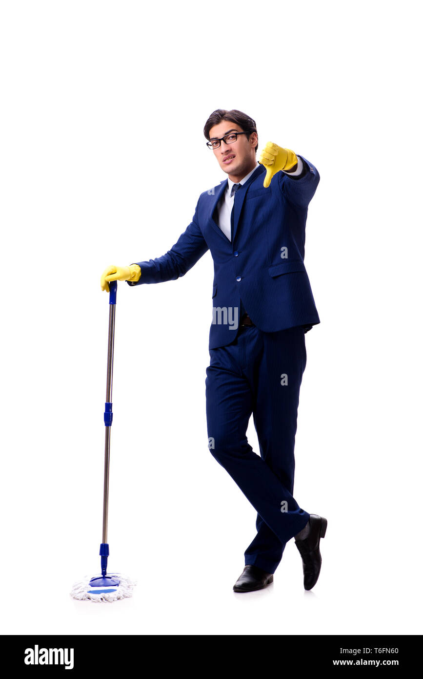 Handsome businessman with the mop isolated on white background Stock ...