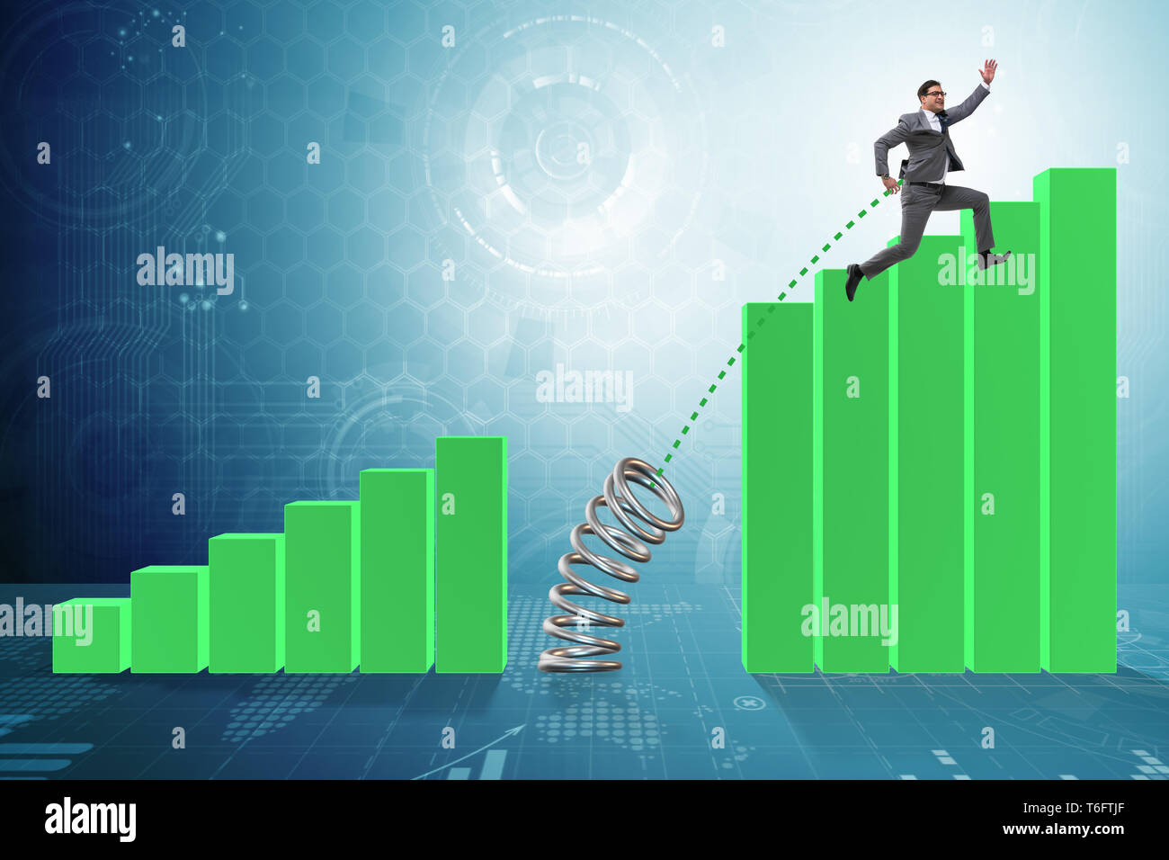 Business people jumping over bar charts Stock Photo - Alamy