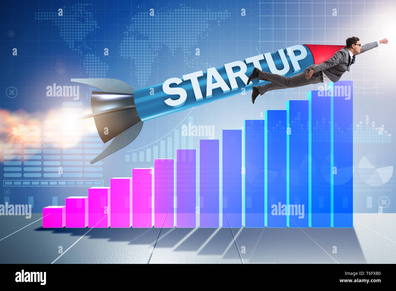 Businessman in start-up concept flying on rocket Stock Photo - Alamy