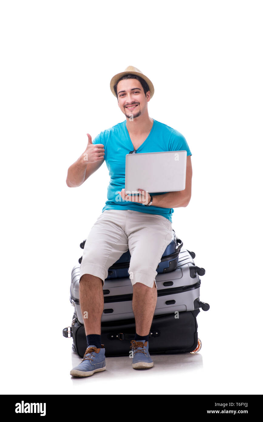 Freelancer working on the go isolated on white Stock Photo