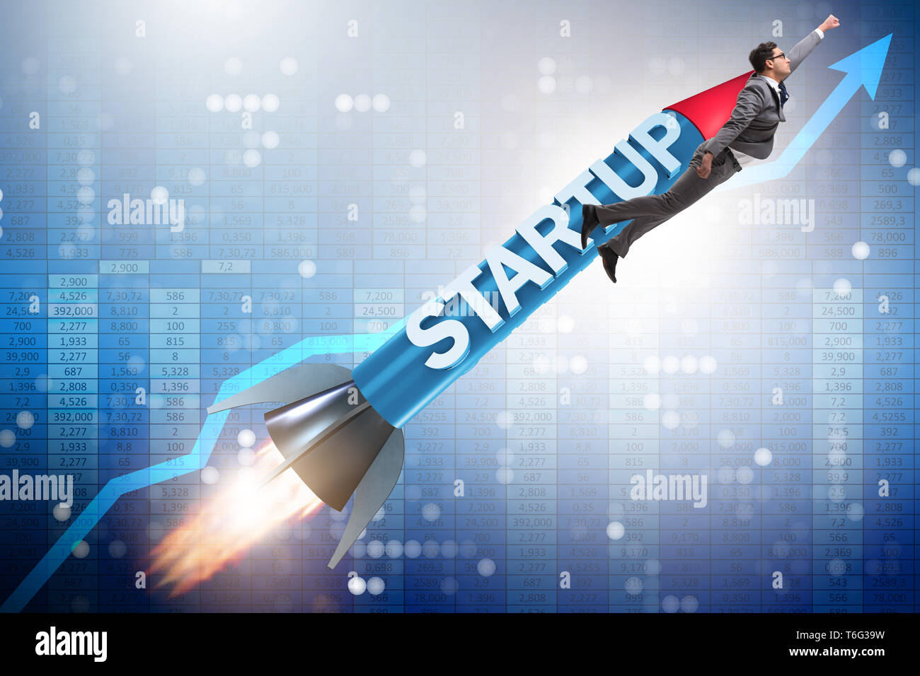 Businessman in start-up concept flying on rocket Stock Photo - Alamy
