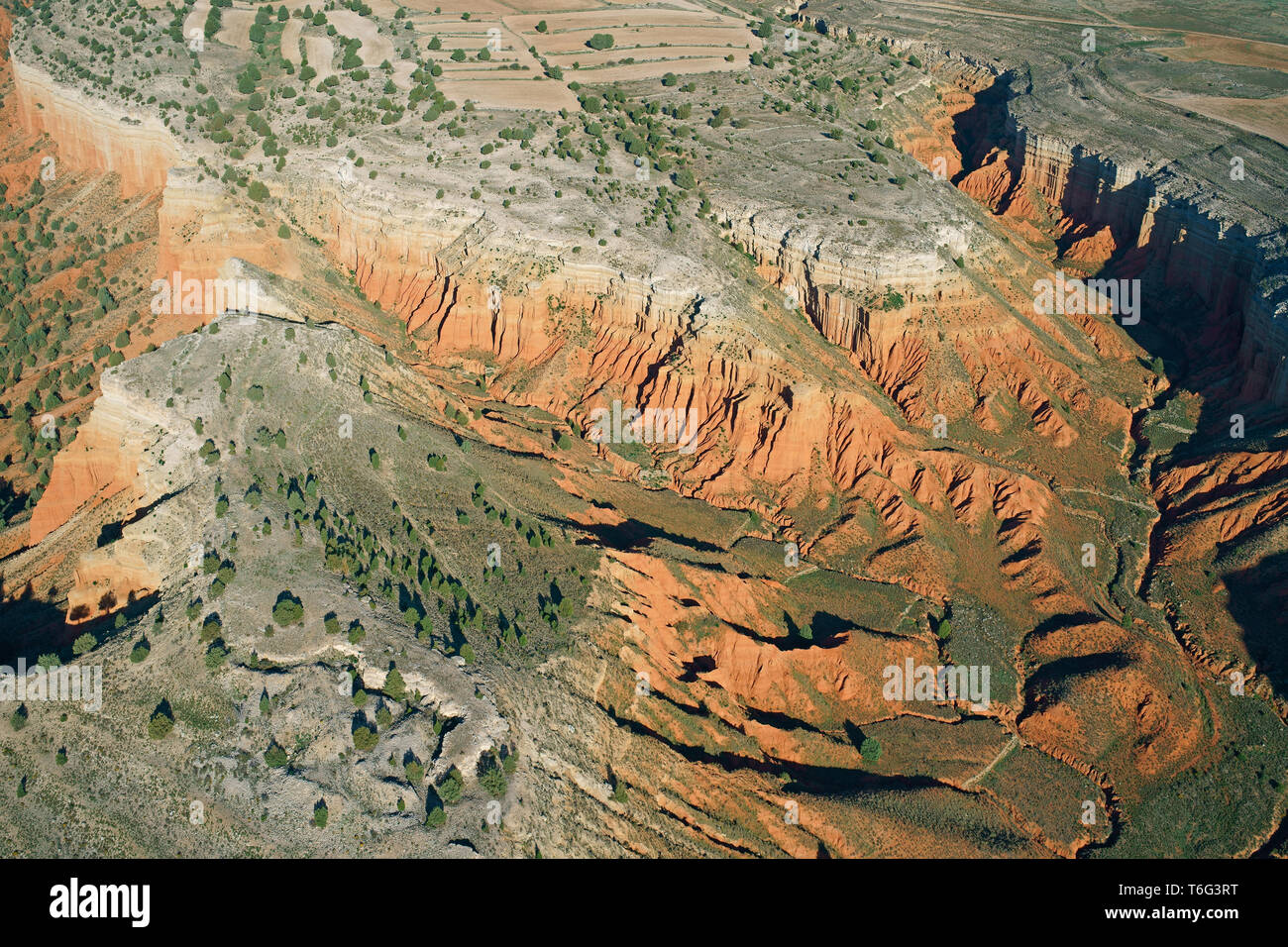 AERIAL VIEW. Semi-arid mesa with its cliffs of multicolored strata. Cañon Rojo (also known as Rambla de Barrachina), Teruel, Aragon, Spain. Stock Photo