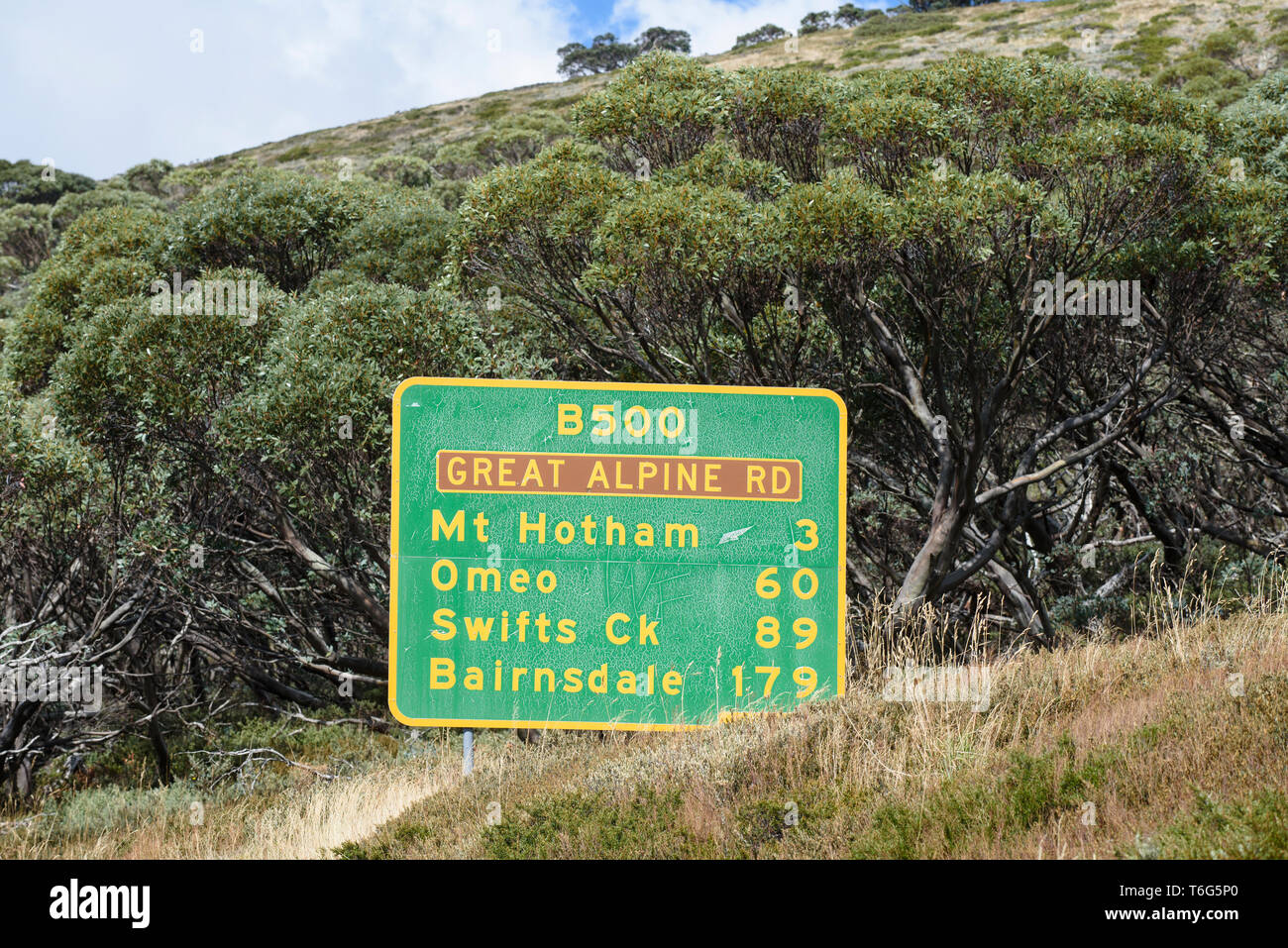 Great Alpine Rd road sign near Mount Hotham in the high country Victoria Australia Stock Photo
