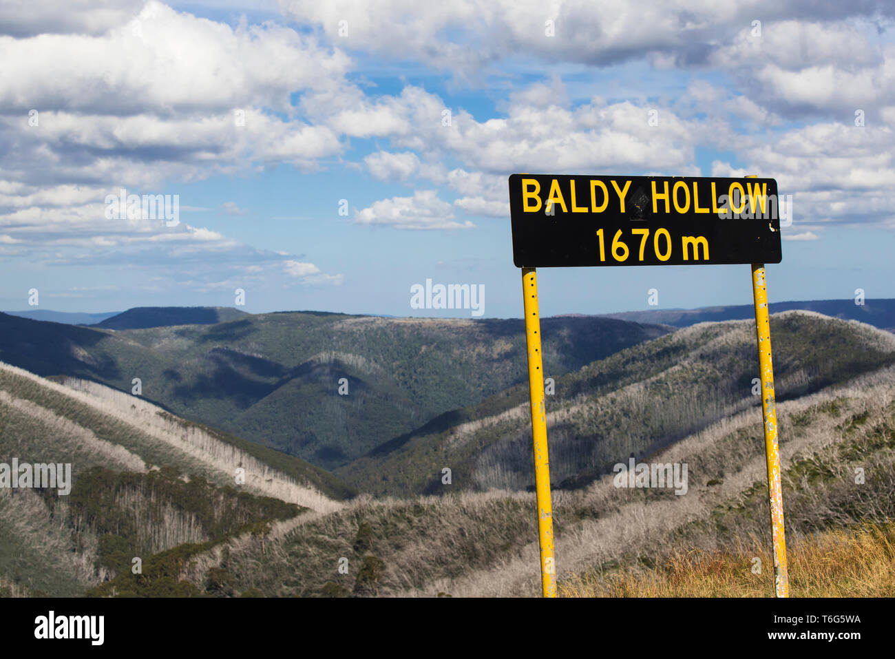 Baldy Hollow sign in the high country near Mt Hotham in Victoria Australia Stock Photo