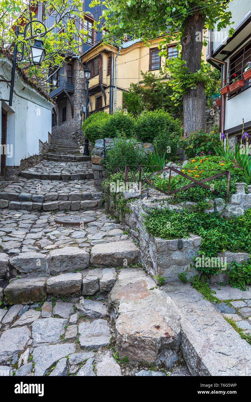 Small stone street in old town of Plovdiv city, Bulgaria Stock Photo