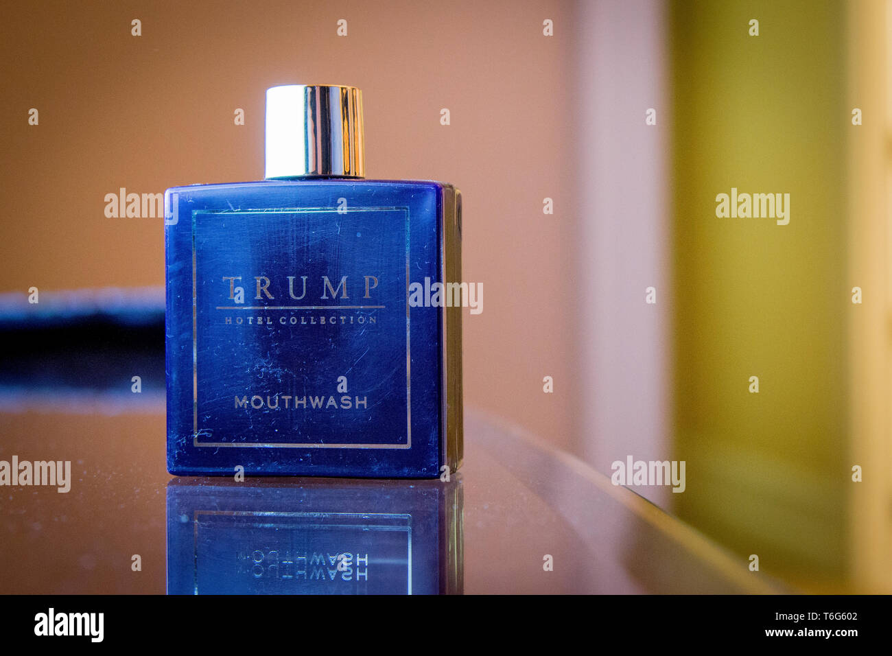 A bottle of Trump mouthwash in the bathroom of one of the hotel rooms at the Trump International Hotel in Washington Stock Photo