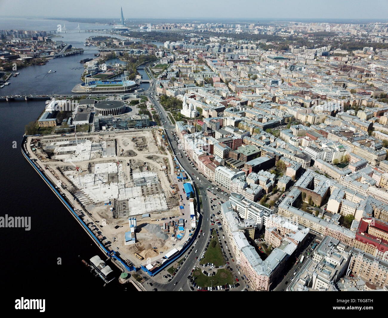 St Petersburg Russia April 30 2019 An Aerial Image Of Petrogradskaya Side And The Malaya Neva River In Central St Petersburg Seen At Left Is The Construction Site For New Buildings