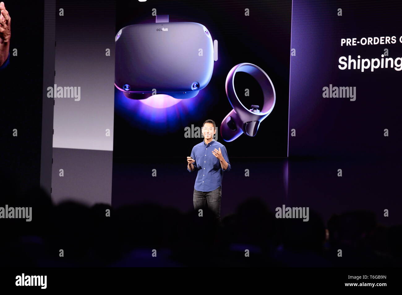 San Jose, USA. 30th Apr, 2019. Sean Liu, top manager of the Facebook  company Oculus, announces at the developer conference F8 the market launch  of the new VR glasses Oculus Quest and