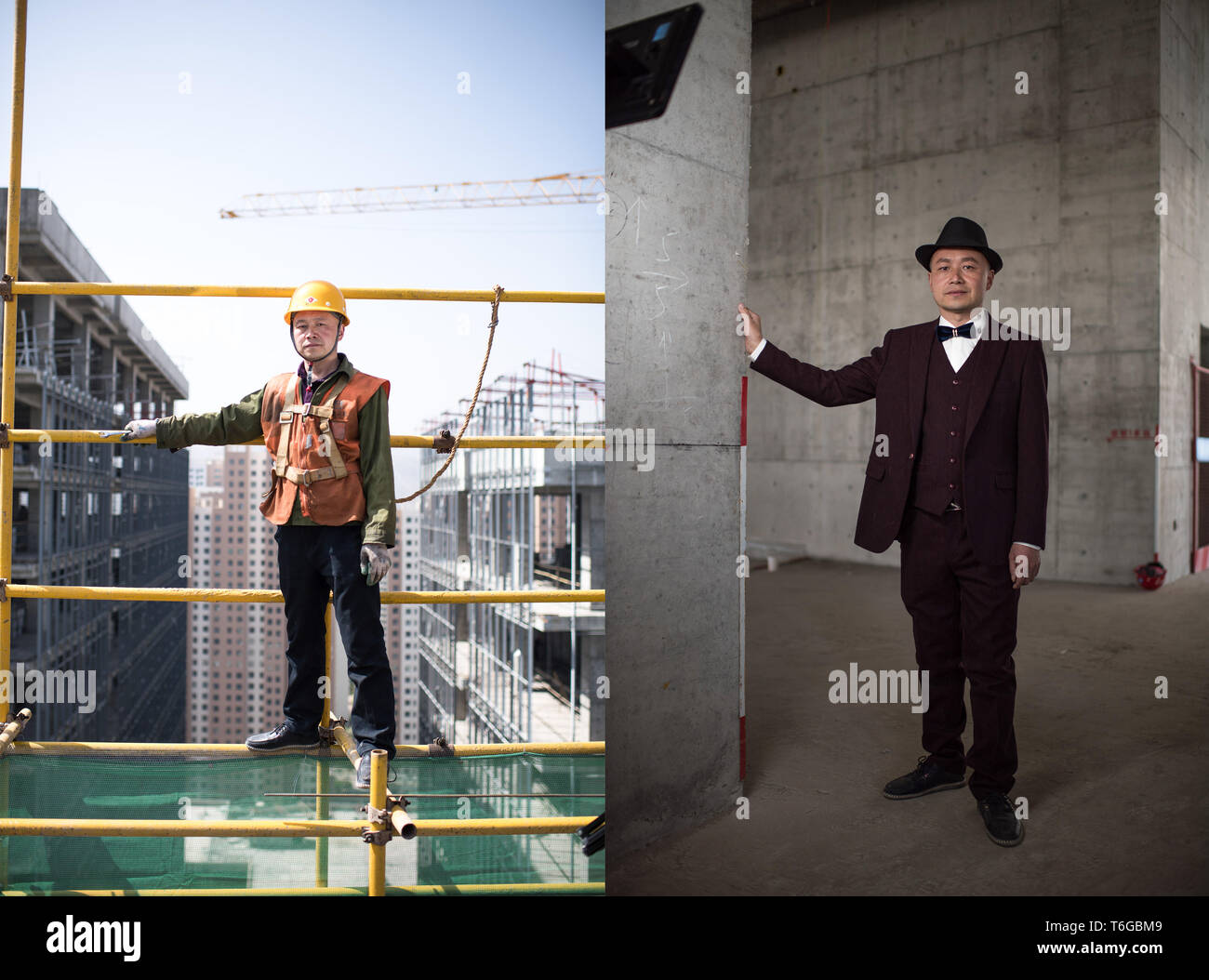 (190501) -- XINING, May 1, 2019 (Xinhua) -- This diptych photo taken on April 27, 2019 shows Tang Huijun, a scaffold worker with China Construction Third Engineering Bureau Co., Ltd., posing in his daily work outfit (L) and in a formal dress (R) in Xining, northwest China's Qinghai Province. In this series of portrait diptychs, frontline workers with China Construction Third Engineering Bureau Co., Ltd. appear in contrastingly different dress styles, but nevertheless manage to show the elegance of their professions. (Xinhua/Wu Gang) Stock Photo