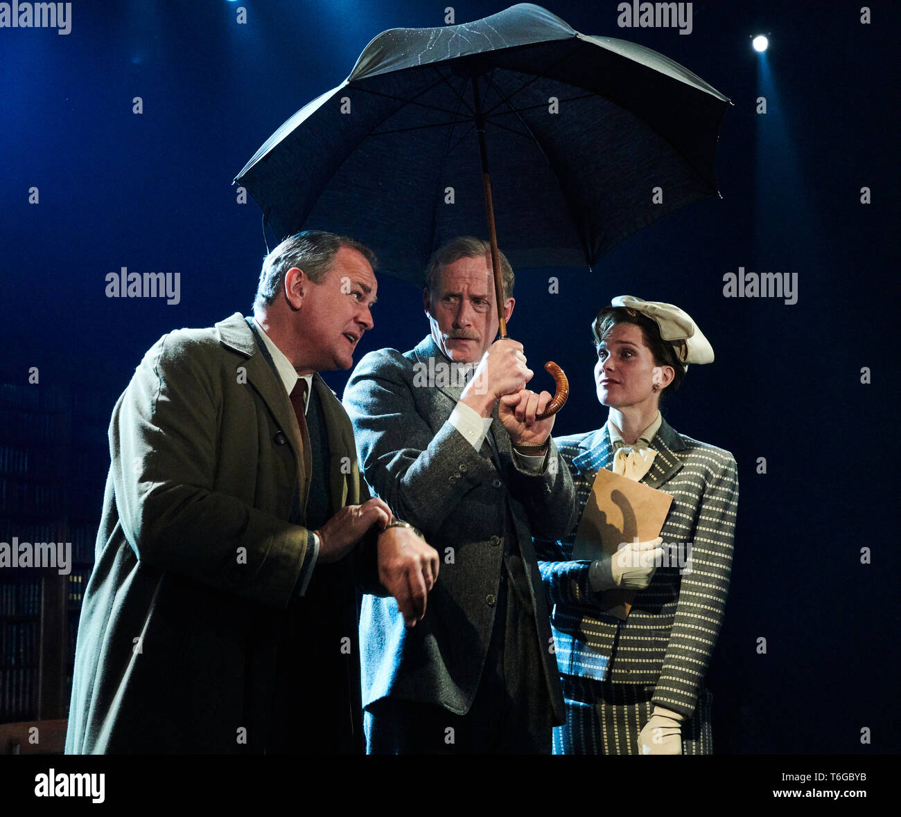 Chichester, UK. 1st May, 2019.  Hugh Bonneville as C.S.Lewis, Andrew Havill as Warnie and Liz White as Joy Gresham in  Shadowlands by William Nicholson at the Chichester Festival Theatre. Credit: Thomas Bowles/Alamy Live News Stock Photo