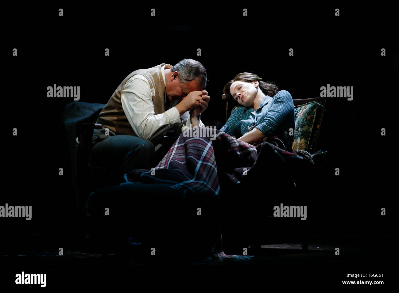 Chichester, UK. 1st May 2019. Hugh Bonneville (L) performs as C.S. Lewis, with Liz White (as Joy Gresham) during a photocall for William Nicholson's 'Shadowlands' at the Chichester Festival Theatre in West Sussex, UK Wednesday May, 1, 2019. The play, directed by Rachel Kavanaugh, runs until May 25. Photograph : Credit: Luke MacGregor/Alamy Live News Stock Photo