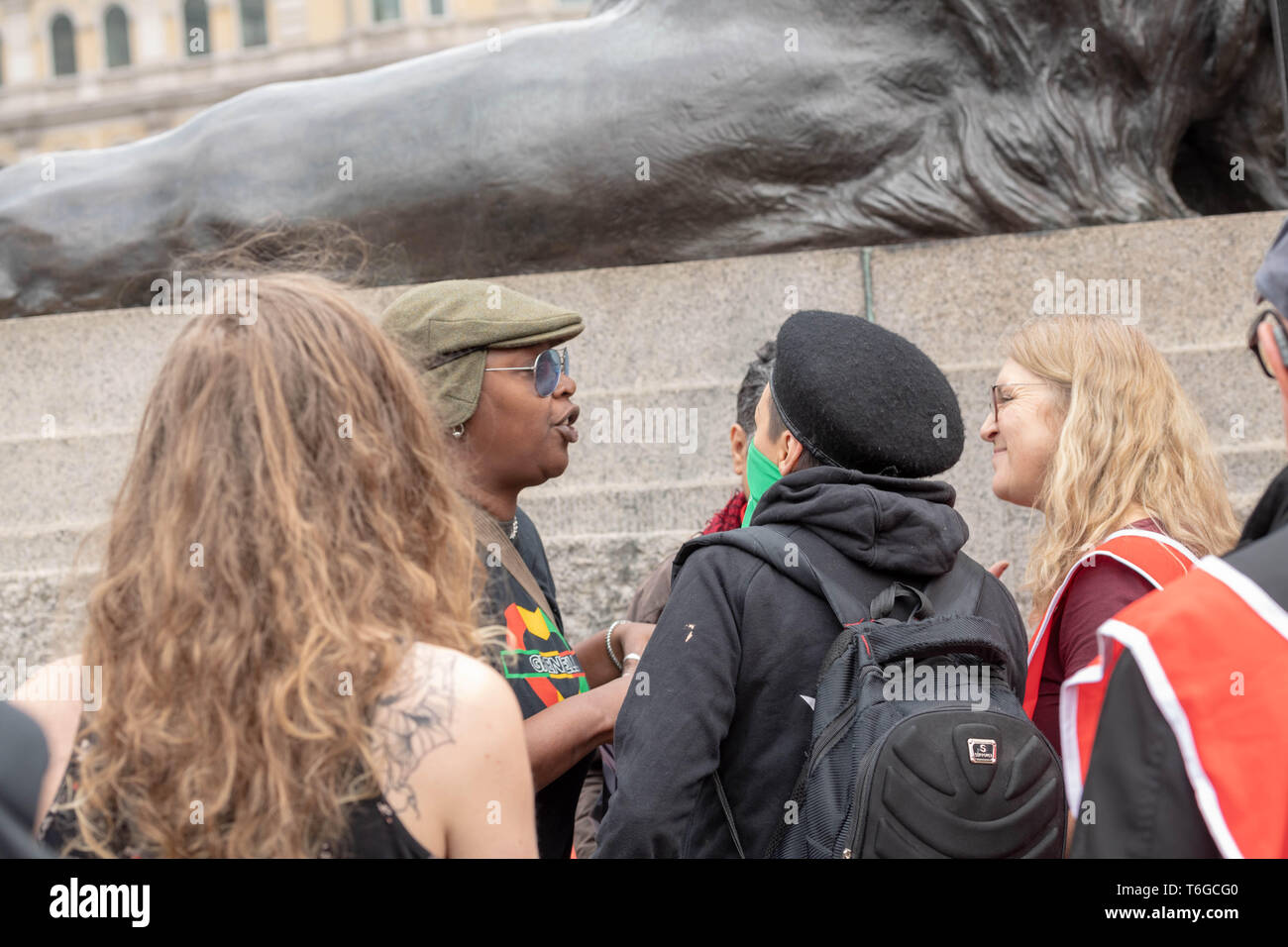 London, UK. 1st May 2019. May Day Labour rally and March with Trade Unions and international organsiations celebrating Labour Day in Trafalgar Square There was clashes between pro and anti transgender rights Credit: Ian Davidson/Alamy Live News Stock Photo