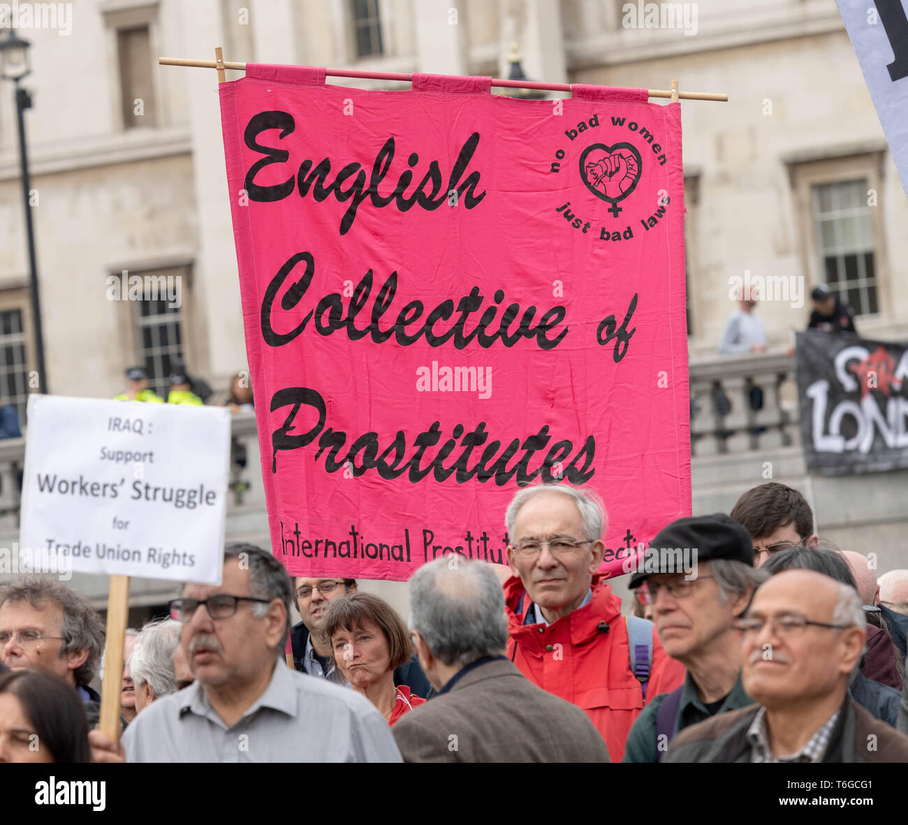 London, UK. 1st May 2019. May Day Labour rally and March with Trade Unions and international organsiations celebrating Labour Day in Trafalgar Square English collective of prostitutes banner Credit: Ian Davidson/Alamy Live News Stock Photo