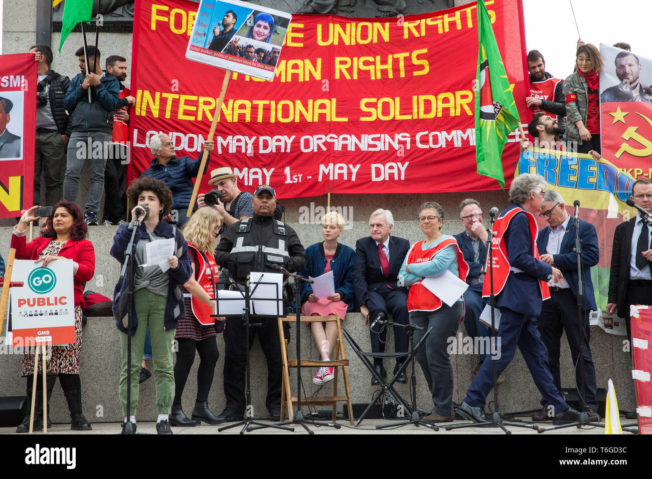 London, UK. 1st May, 2019. A young speaker from Extinction Rebellion addresses representatives of trade unions and socialist and communist parties from many different countries attending the annual May Day rally in Trafalgar Square to mark International Workers' Day. Credit: Mark Kerrison/Alamy Live News Stock Photo