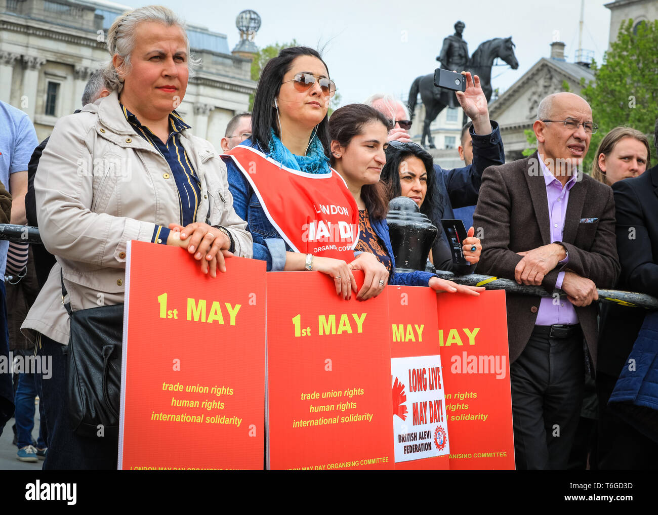 London, UK, 1st May 2019. Protesters at the rally in Trafalgar Square.The annual London May Day march makes its way from Clerkenwell Green and finishes in a rally in Trafalgar Square, where speakers including trade union representatives, human rights organisations and politicians celebrate International Workers Day. Credit: Imageplotter/Alamy Live News Stock Photo