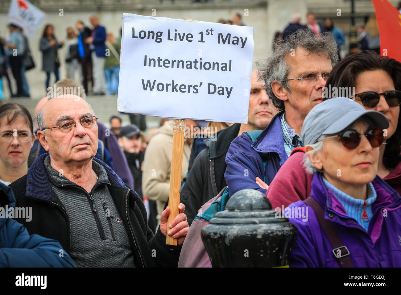 London, UK, 1st May 2019. Protesters at the rally in Trafalgar Square.The annual London May Day march makes its way from Clerkenwell Green and finishes in a rally in Trafalgar Square, where speakers including trade union representatives, human rights organisations and politicians celebrate International Workers Day. Credit: Imageplotter/Alamy Live News Stock Photo