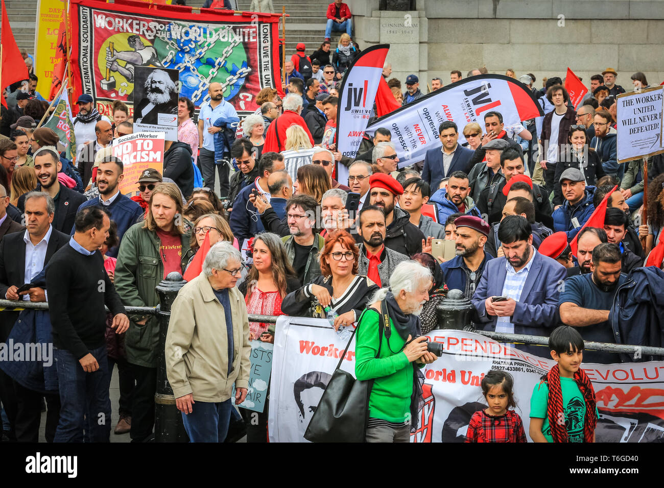 London, UK, 1st May 2019. Protesters at the rally in Trafalgar Square.The annual London May Day march makes its way from Clerkenwell Green and finishes in a rally in Trafalgar Square, where speakers including trade union representatives, human rights organisations and politicians celebrate International Workers Day. Credit: Imageplotter/Alamy Live News Stock Photo