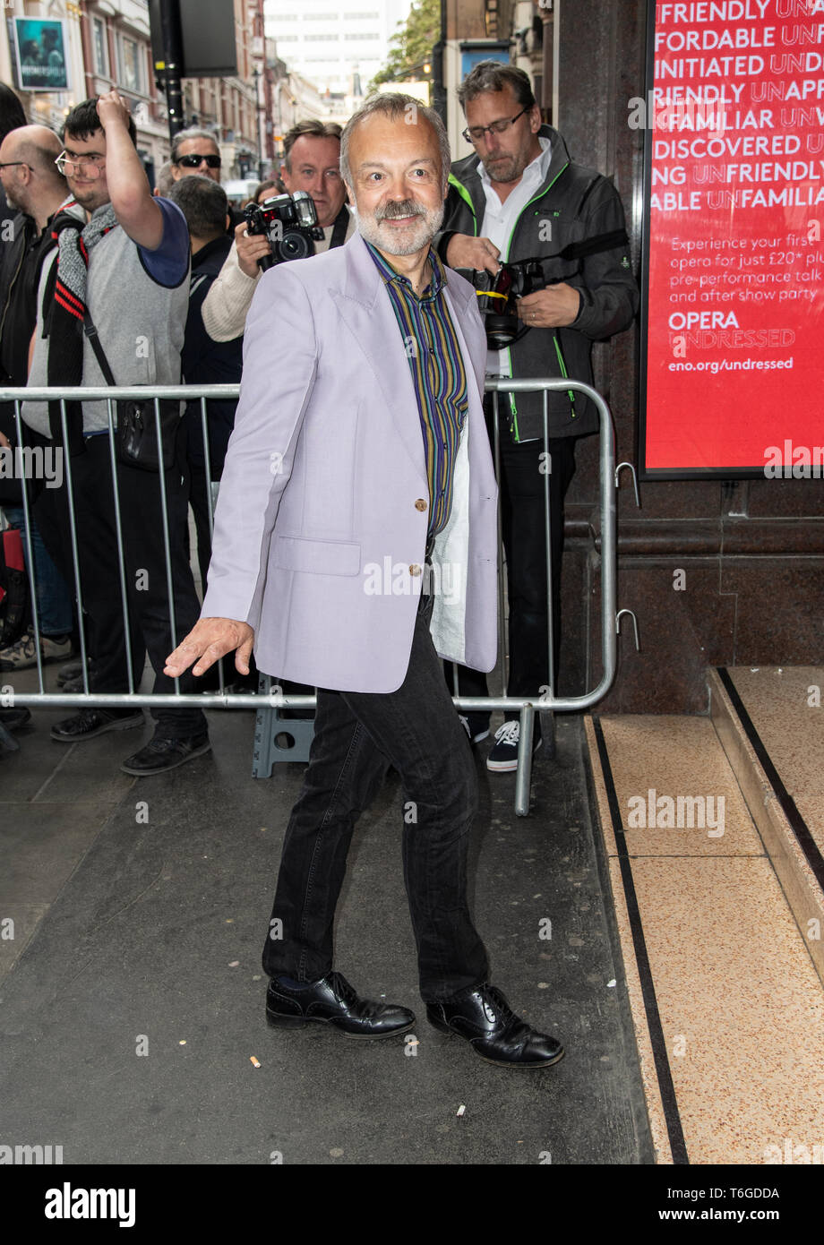 London, UK.  Graham Norton  at  the ‘Man of La Mancha’ opening night at the London Coliseum on April 30, 2019 in London, United Kingdom. Ref: LMK386-J4825-010519 Gary Mitchell/Landmark Media WWW.LMKMEDIA.COM Stock Photo