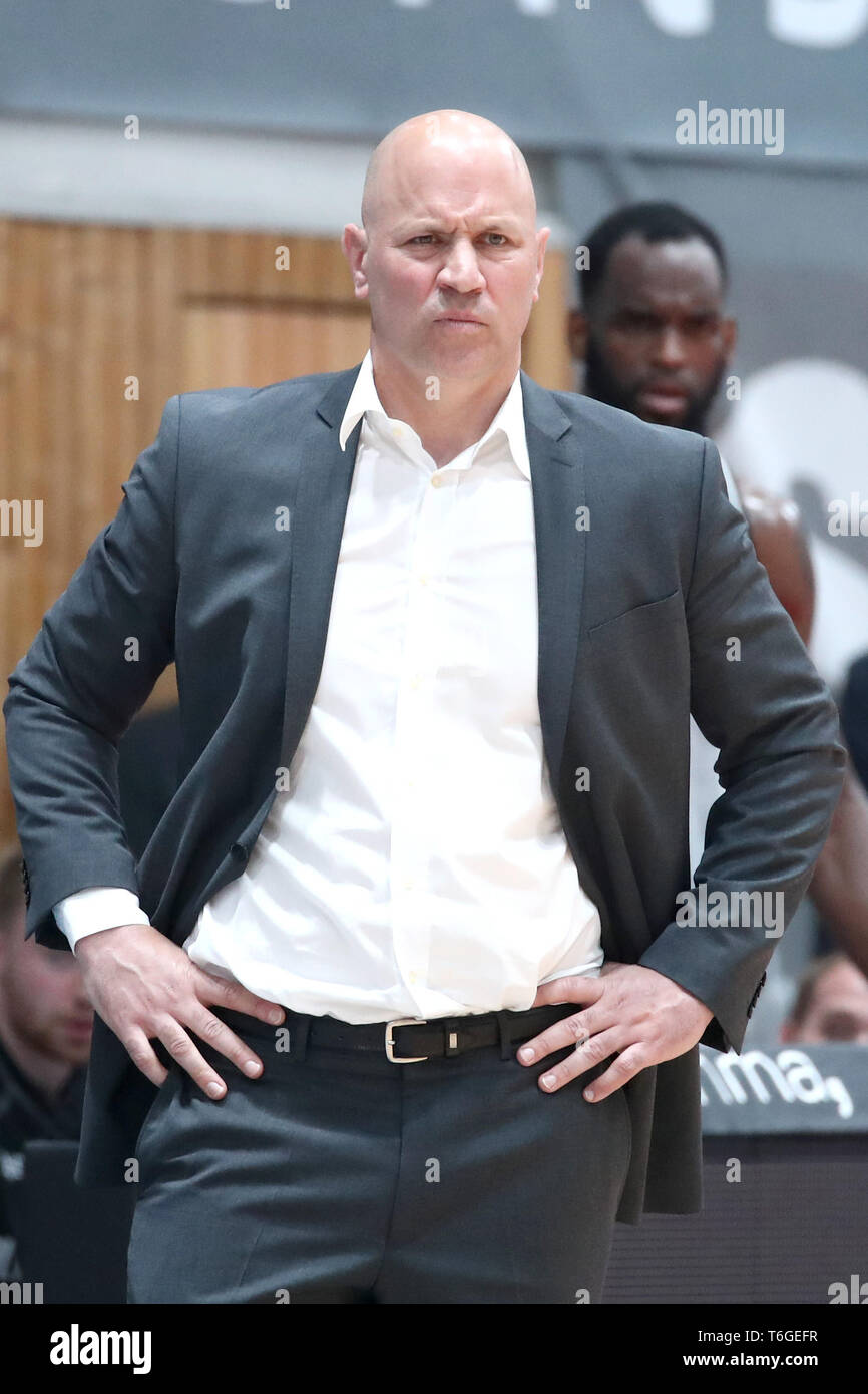 01 May 2019, Bavaria, Würzburg: Basketball: Europe Cup, s.Oliver Würzburg - Dinamo Sassari, knockout round, finals, second legs, in the s.Oliver Arena. The Würzburg coach Denis Wucherer is on the sidelines. Photo: Daniel Karmann/dpa Stock Photo