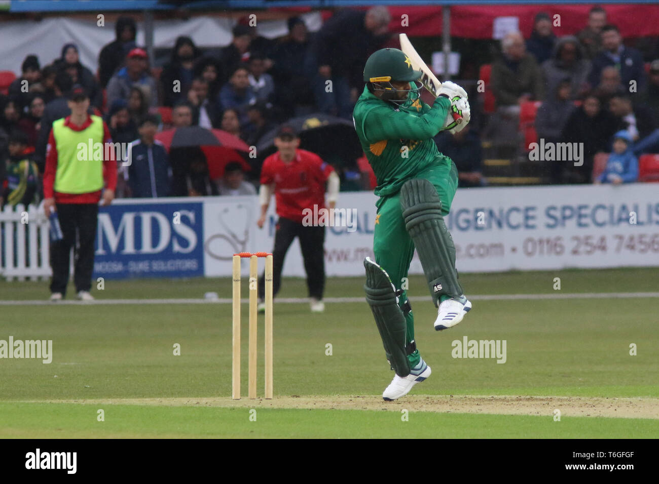 Babar Azam on his 100 during the T20 match between Leicestershire and Pakistan at the Fischer County Ground, Leicester, England on 1 May 2019. Photo by John Mallett.  Editorial use only, license required for commercial use. No use in betting, games or a single club/league/player publications. Stock Photo