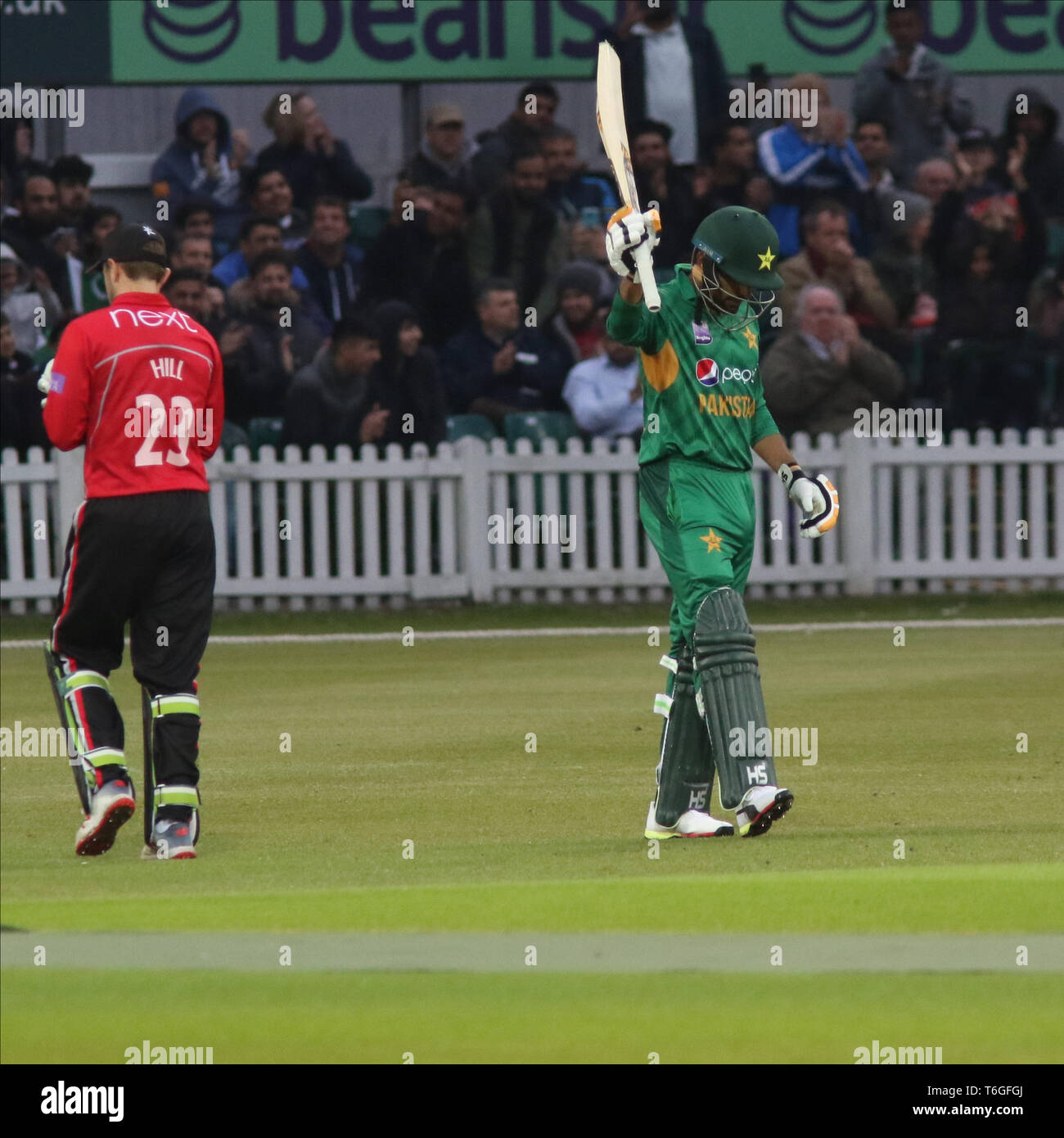 Babar Azam on his 100 during the T20 match between Leicestershire and Pakistan at the Fischer County Ground, Leicester, England on 1 May 2019. Photo by John Mallett.  Editorial use only, license required for commercial use. No use in betting, games or a single club/league/player publications. Stock Photo